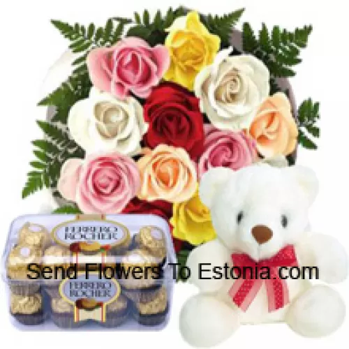 Ramo de 11 rosas rojas con rellenos de temporada, un lindo oso de peluche blanco de 12 pulgadas de altura y una caja de 16 piezas de Ferrero Rocher
