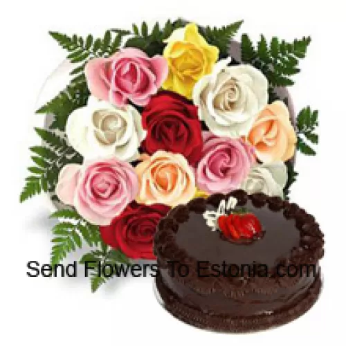 Ramo de 11 rosas mixtas con relleno de temporada junto con 1 lb. (1/2 kg) de pastel de trufa de chocolate