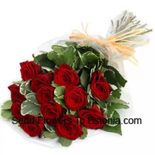 季節のフィラーを使った美しい11本の赤いバラの束