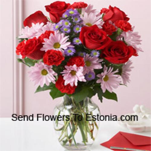 Lovely Roses, Carnations and Gerberas in Vase