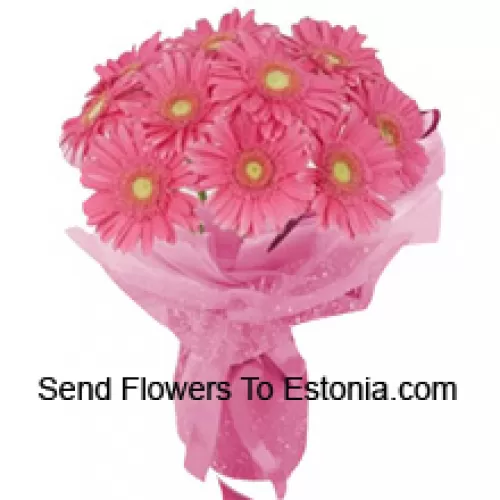 一束美丽的11朵粉色非洲菊手捧，搭配时令花材
