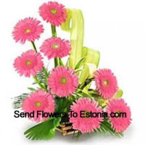 Basket Containing 9 Pink Gerberas