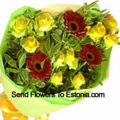 Tros van 10 gele rozen en 3 rode gekleurde gerbera's