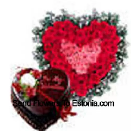 Herzförmige Anordnung von 51 roten Rosen und ein 1 kg (2,2 Pfund) Schokoladentrüffelkuchen