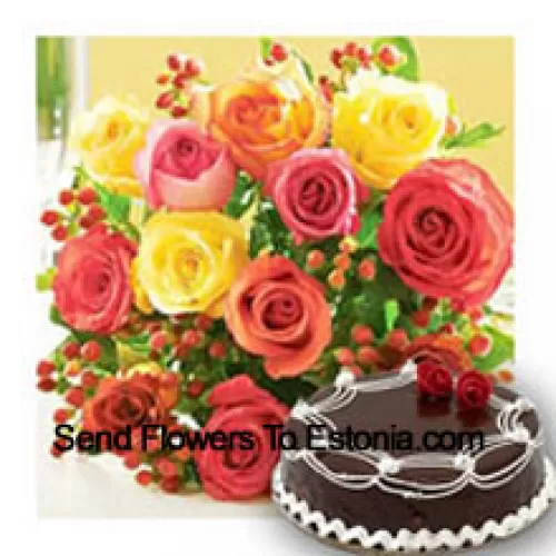 Um Buquê de 11 Rosas Coloridas Mistas com Enchedores da Estação e 1/2 Kg (1,1 Libras) de Bolo de Trufa de Chocolate