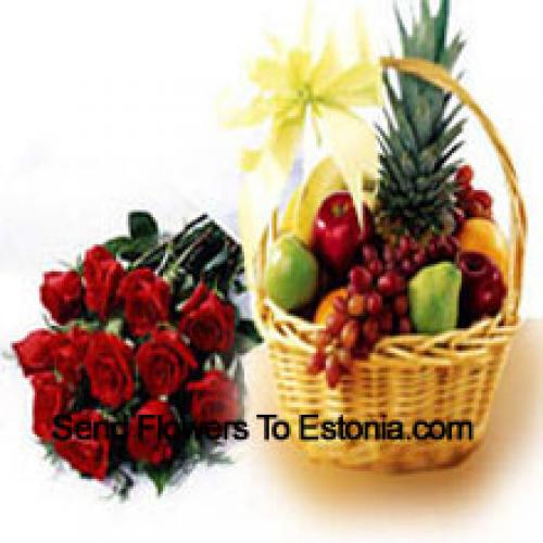 11 Red Roses with Fresh 5 Kg Fruit Basket