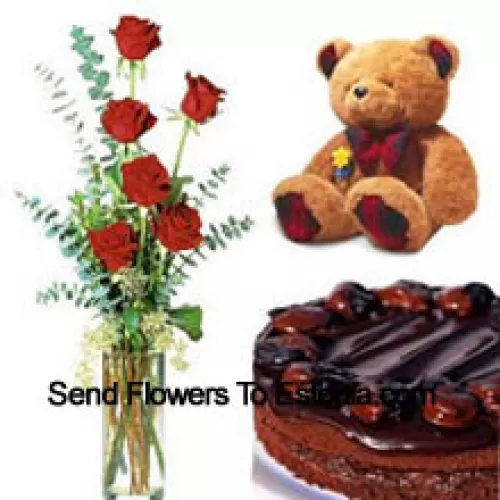 7 Rosas Vermelhas em um Vaso com 1/2 Kg de Bolo de Chocolate e um Urso de Pelúcia de Tamanho Médio