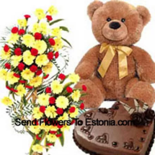 Ein 3 Fuß großer Blumenstrauß mit verschiedenen Blumen, 1 kg herzförmiger Schokoladenkuchen und ein 2 Fuß großer Teddybär