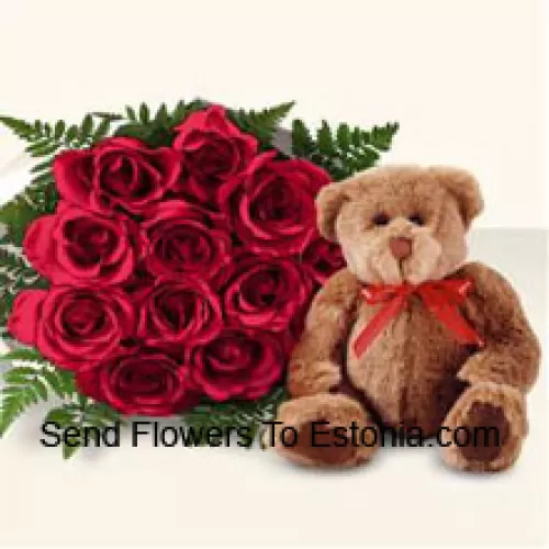 Bos van 11 rode rozen met een schattige bruine 8 inch teddybeer