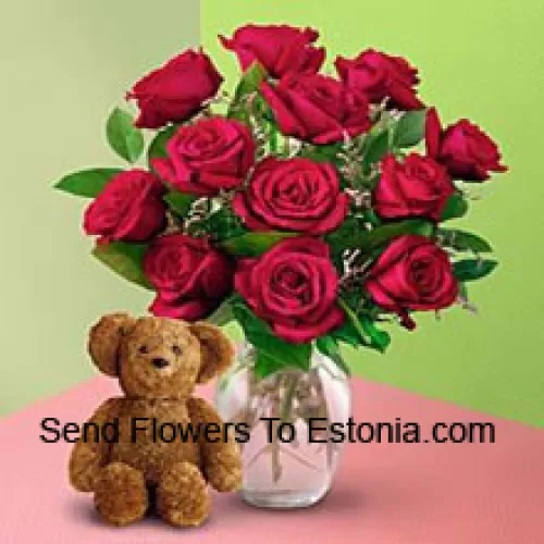 11 ורדים אדומים עם קצת פרנים בצנצנת ודובי חמוד בצבע חום בגובה 8 אינץ'