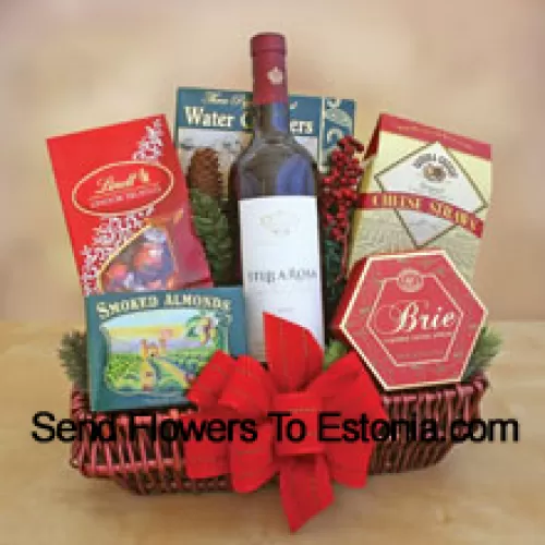 Questo bellissimo cesto regalo include una bottiglia di cabernet sauvignon della California, gustosi mandorle affumicate, formaggio, crackers all'acqua, croccanti bastoncini di formaggio e praline di cioccolato Lindt. (Il contenuto del cesto incluso il vino può variare a seconda della stagione e del luogo di consegna. In caso di indisponibilità di un certo prodotto, lo sostituiremo con un prodotto di valore uguale o superiore)