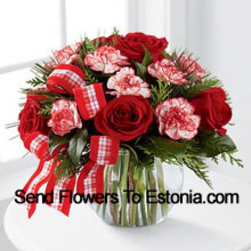 Roses and Carnations with Greens in Vase