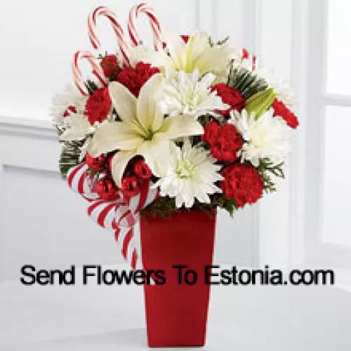 Bursts with the bright cheer and jubilant beauty of this special season. White Asiatic Lilies and chrysanthemums sit amongst red mini carnations, assorted holiday greens, red glass balls, three candy canes and festive ribbon, perfectly arranged in a red ceramic vase to create a lively bouquet of merry wishes for a splendid holiday season! (Please Note That We Reserve The Right To Substitute Any Product With A Suitable Product Of Equal Value In Case Of Non-Availability Of A Certain Product)