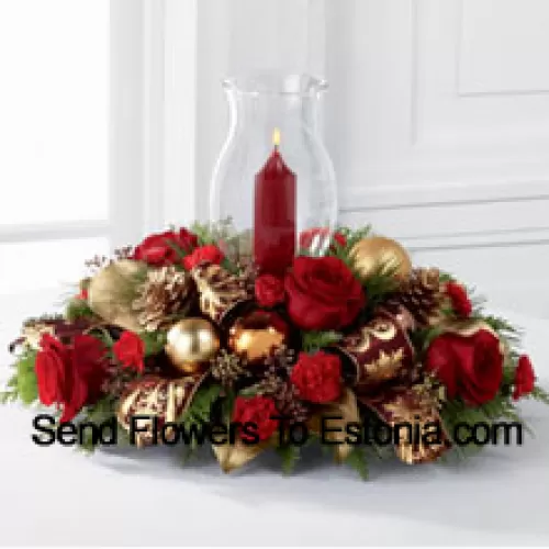 The Golden Christmas Centerpiece is the perfect display of holiday warmth and cheer to gather your friends and family together. Bright red roses and mini carnations are gorgeously arranged with holiday greens and seeded eucalyptus accented with golden pinecones, gold and copper glass balls, and burgundy and gold wired ribbon encircling a glass hurricane. (Please Note That We Reserve The Right To Substitute Any Product With A Suitable Product Of Equal Value In Case Of Non-Availability Of A Certain Product)